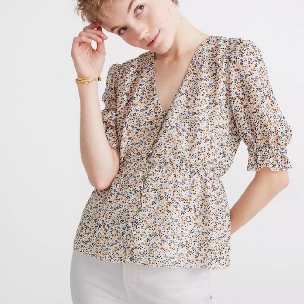 Madewell Short-sleeve Peplum Popover Fieldwalk 100% Silk Floral Top, Sz Med